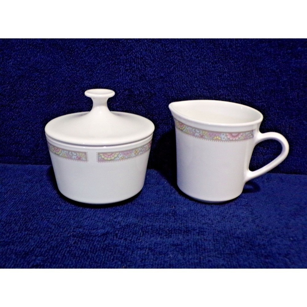 Centura by Corning 1970's "Shangri La" Creamer & Sugar Set w/Pastel Colors Rim